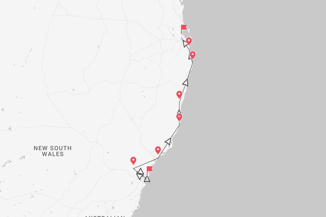 A map of New South Wales showing a travel itinerary along the eastern coast marked with red location pins.