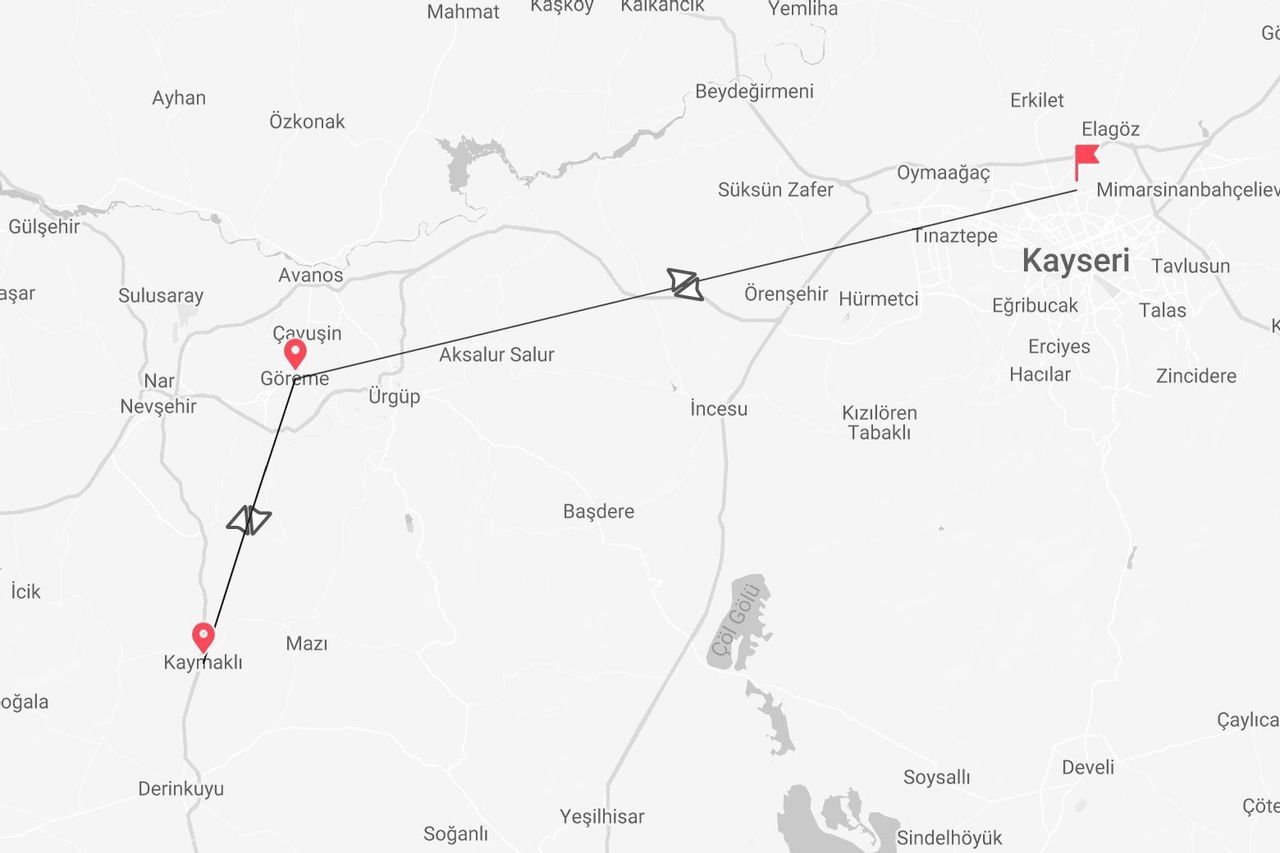 A map showing a travel itinerary in Turkey, with a route connecting Kaymaklı, Göreme, and ending in Elagöz, near Kayseri.