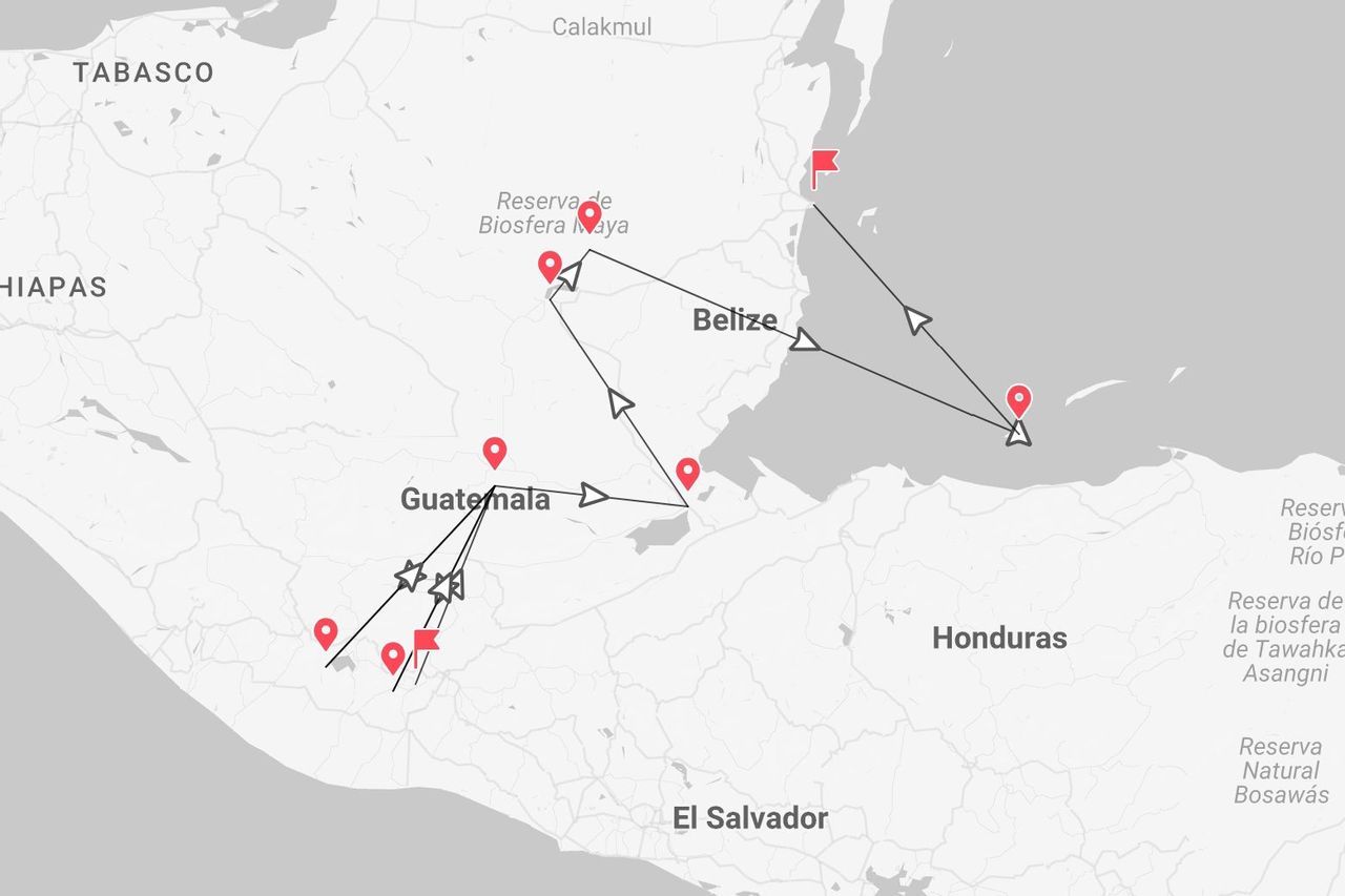 A map showing a travel itinerary with marked stops and a connecting route through Guatemala and Belize in Central America.