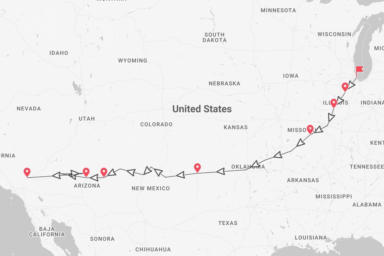 A map of the United States showing a road trip itinerary, following Route 66 from California to Illinois.