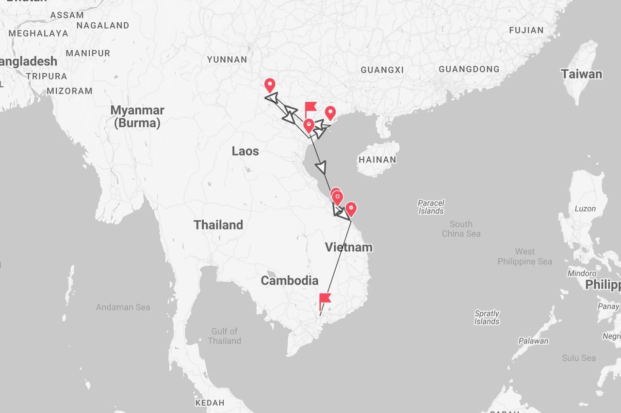 A map of Southeast Asia showing a travel itinerary with red pins that begins in northern Vietnam, follows the coast south, and ends in Cambodia.