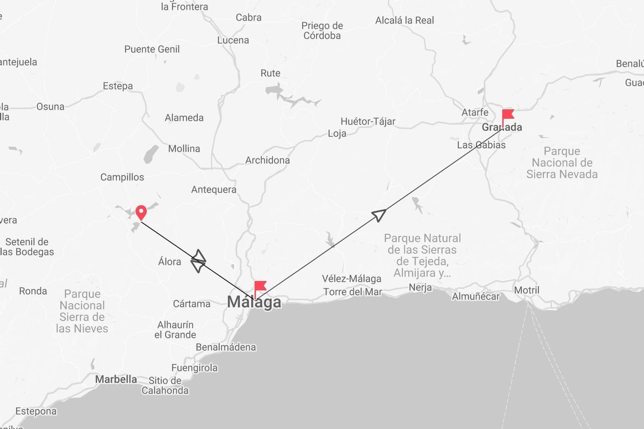 A map of southern Spain showing a travel itinerary with stops in Málaga, Granada, and near Campillos.