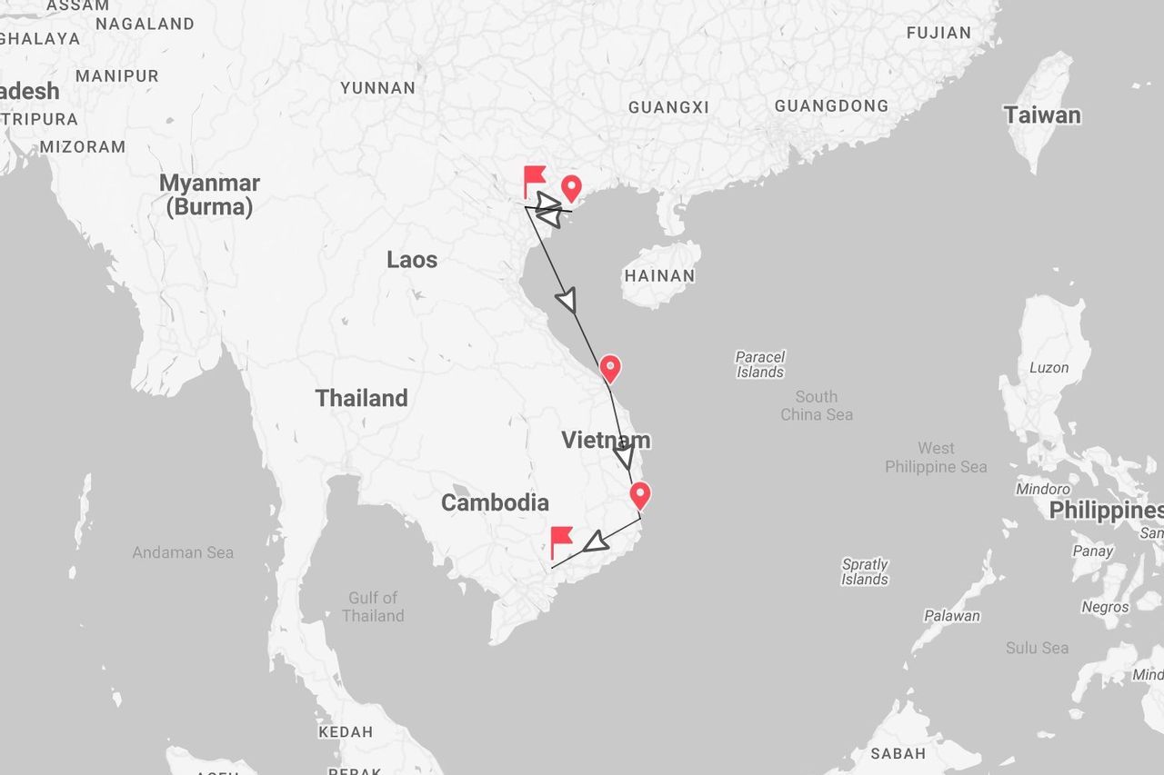 Une carte de l'Asie du Sud-Est montrant un itinéraire de voyage commençant dans le nord du Vietnam et se terminant au Cambodge.