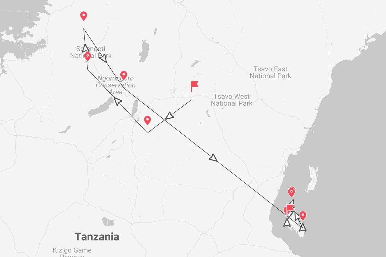 Une carte présentant un itinéraire de voyage en Tanzanie, du Parc National du Serengeti et de la Zone de Conservation du Ngorongoro jusqu'à la côte.