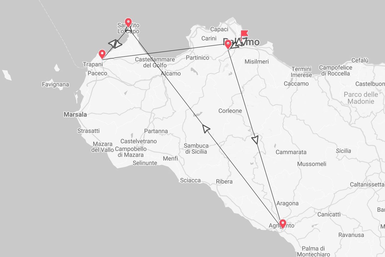Une carte de la Sicile occidentale montrant un itinéraire de voyage reliant Palerme, Agrigente, Trapani et San Vito Lo Capo.