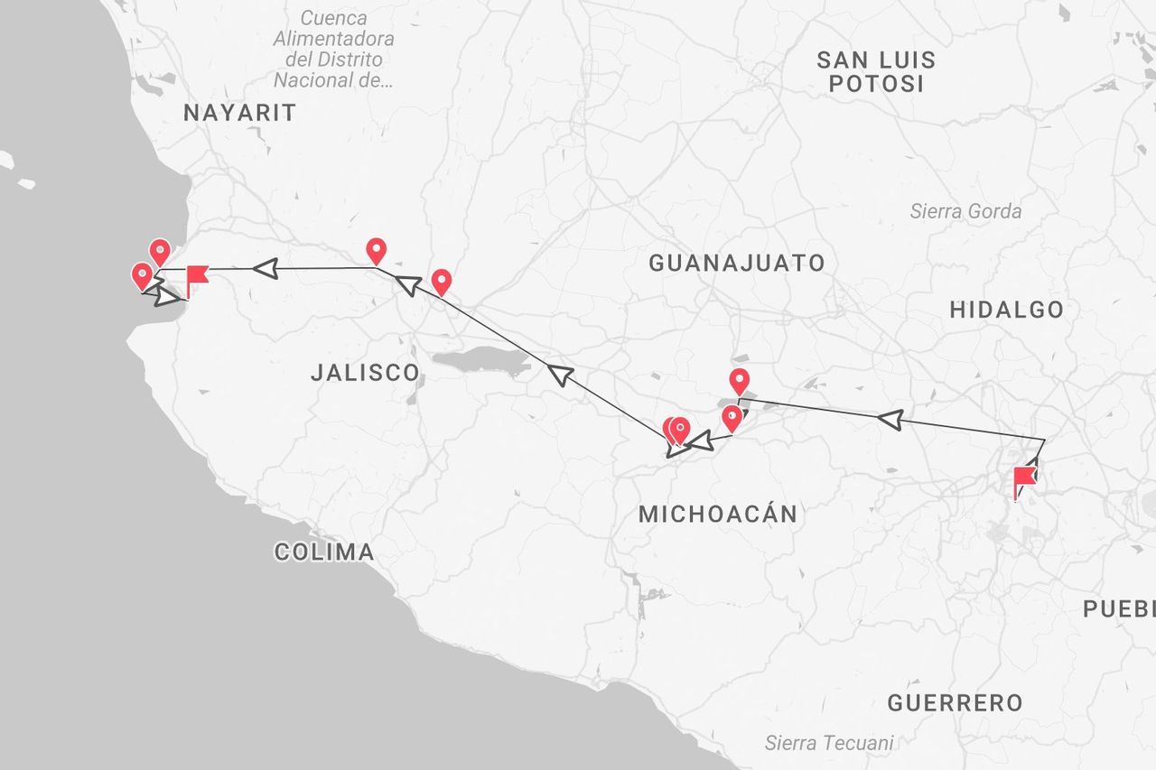 A map of central Mexico showing a travel itinerary that passes through the states of Jalisco and Michoacán, starting from the Pacific coast.