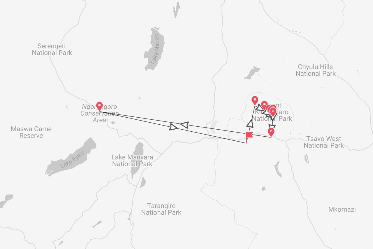 Un mapa de Tanzania que muestra una ruta de viaje desde el Área de Conservación de Ngorongoro hasta el Parque Nacional del Monte Kilimanjaro.