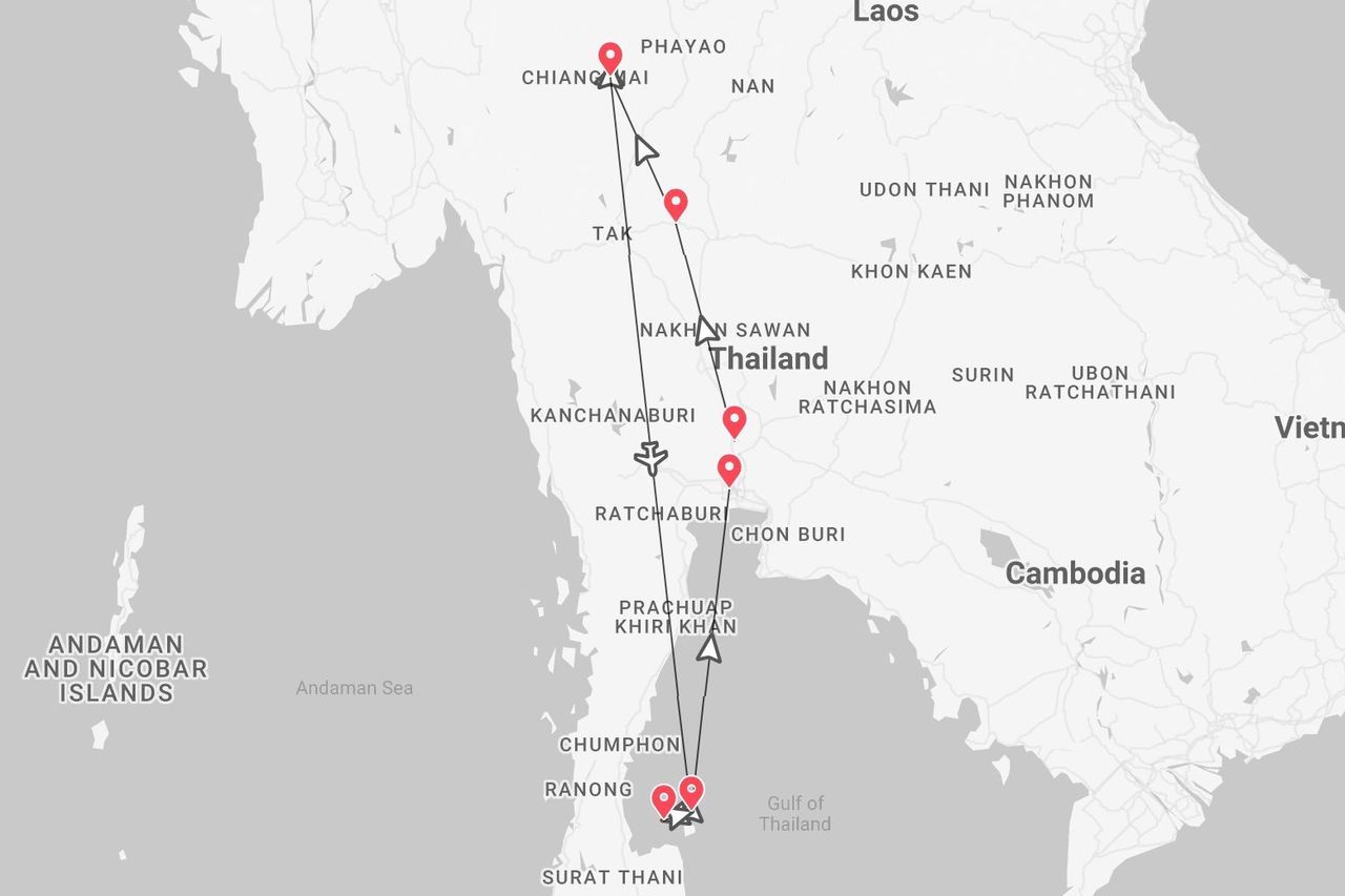 Une carte de la Thaïlande montrant un itinéraire de voyage avec des arrêts de Surat Thani au sud à Chiang Mai au nord.