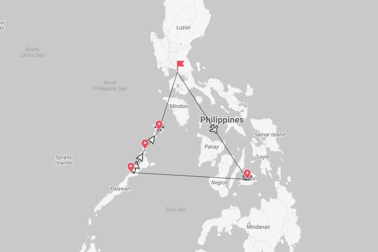 Une carte des Philippines présentant un itinéraire de voyage. Le parcours relie les îles de Luzon, Palawan et Bohol par des lignes et des points de repère.