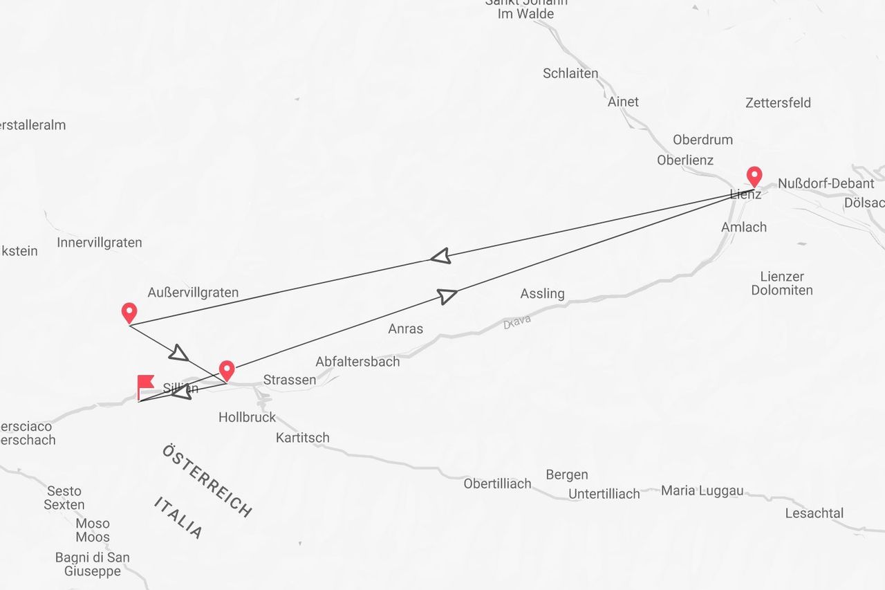Karte einer Reiseroute in Österreich mit den Orten Sillian, Außervillgraten und Lienz sowie Fahrtrichtungsanzeigen.