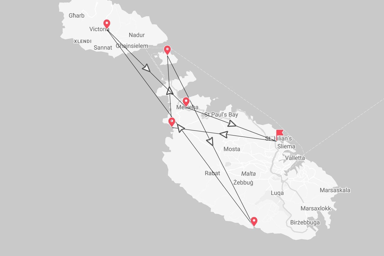 Eine Karte von Malta, die eine Reiseroute zwischen verschiedenen Städten, darunter Victoria, St. Julian's und Birzebbuga, zeigt.