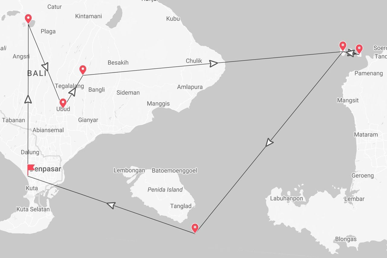 Reiseroute Bali, Penida Insel und Lombok auf einer Karte mit eingezeichneten Stopps.