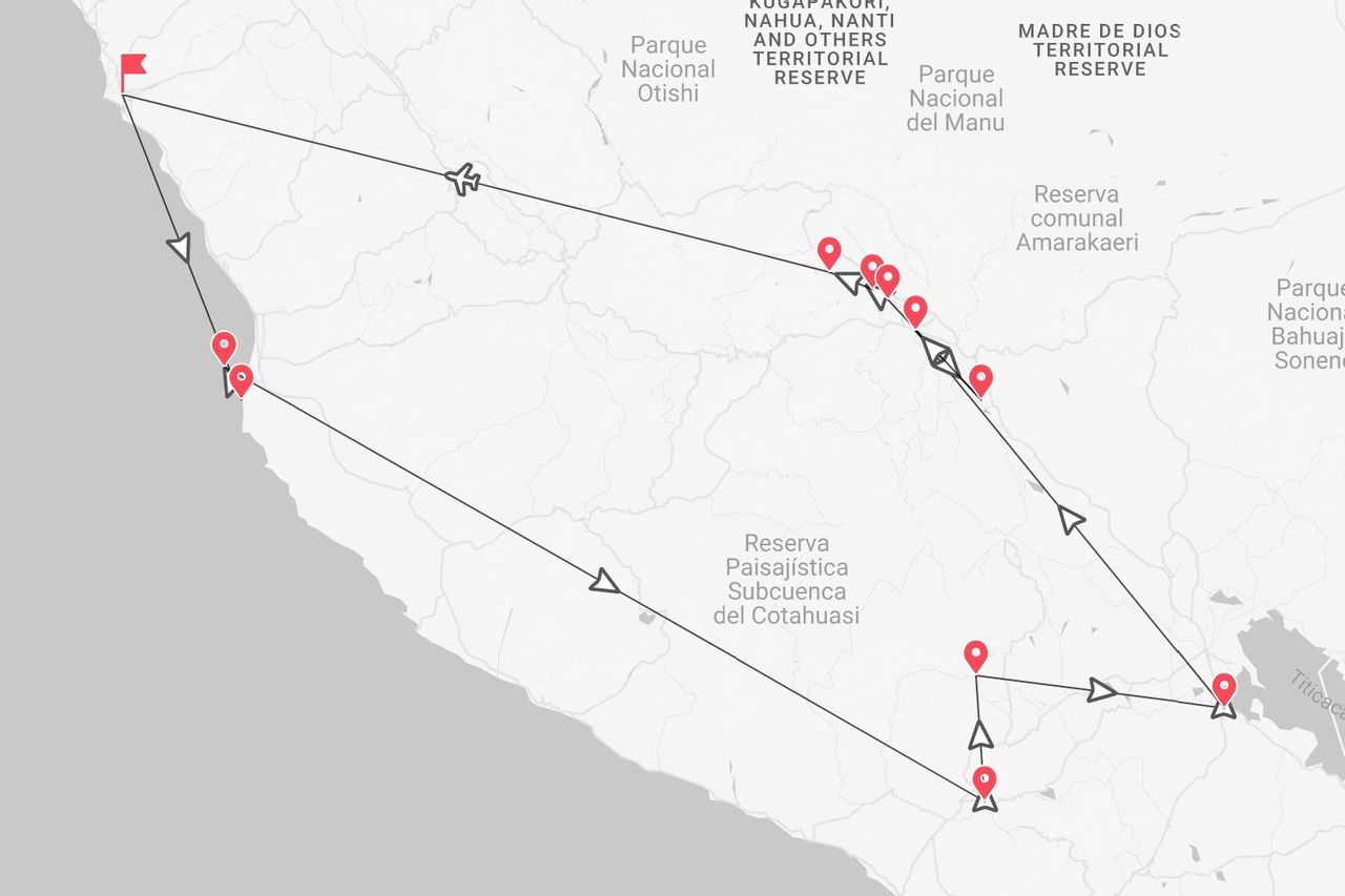 Mappa di un itinerario di viaggio in Perù, che collega parchi nazionali come Manu e Otishi al Lago Titicaca.