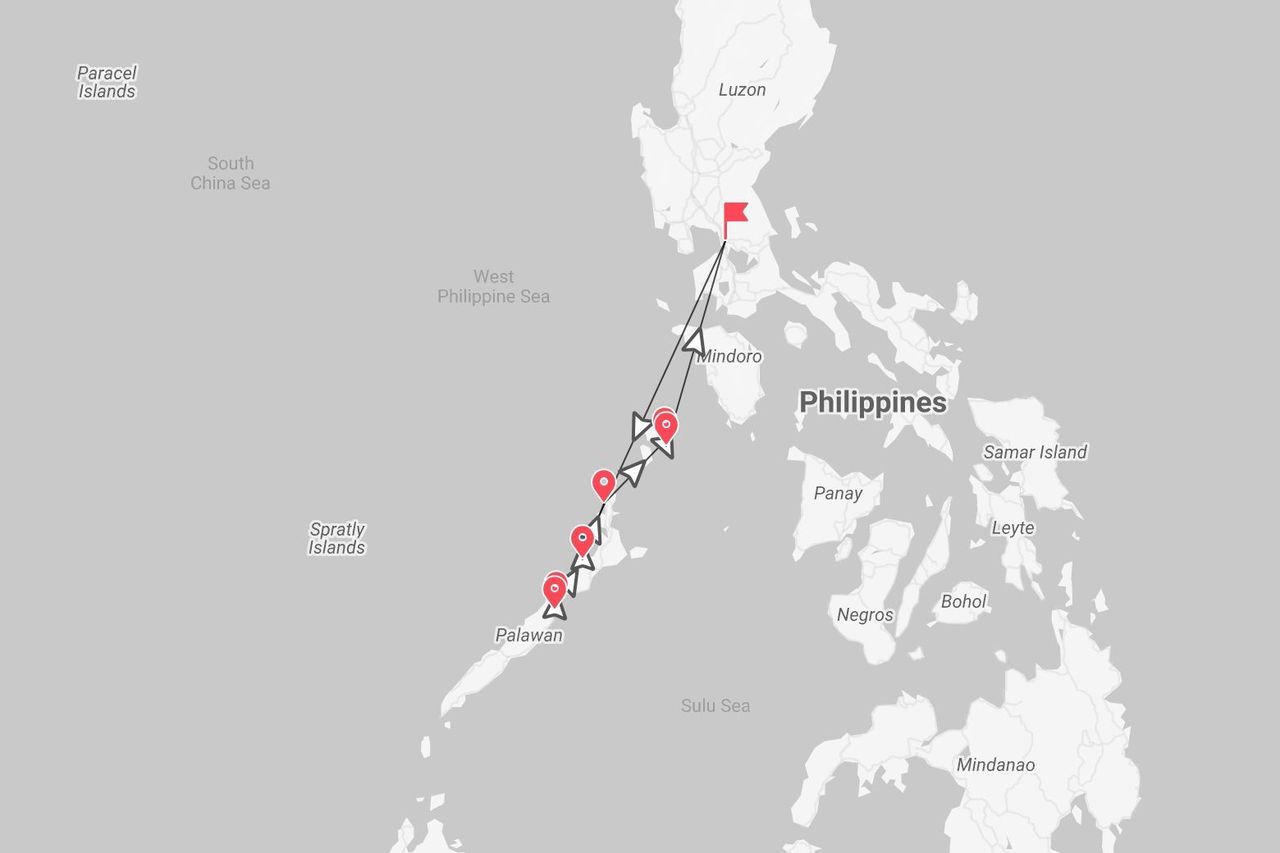 Mappa delle Filippine: itinerario di viaggio da Luzon, passando per Mindoro, fino a Palawan.