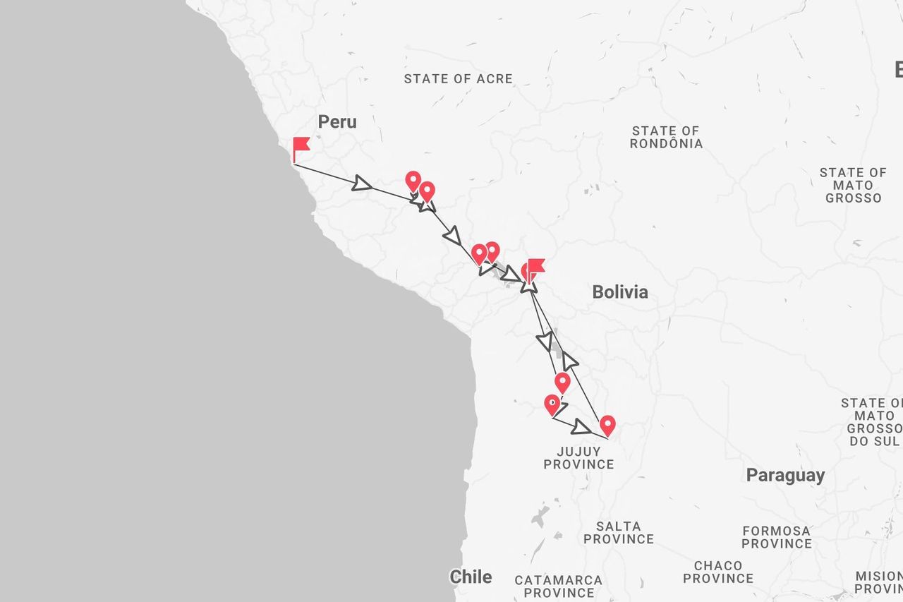 Una mappa che mostra un itinerario di viaggio che inizia in Perù, attraversa la Bolivia e termina nella provincia di Jujuy in Argentina.