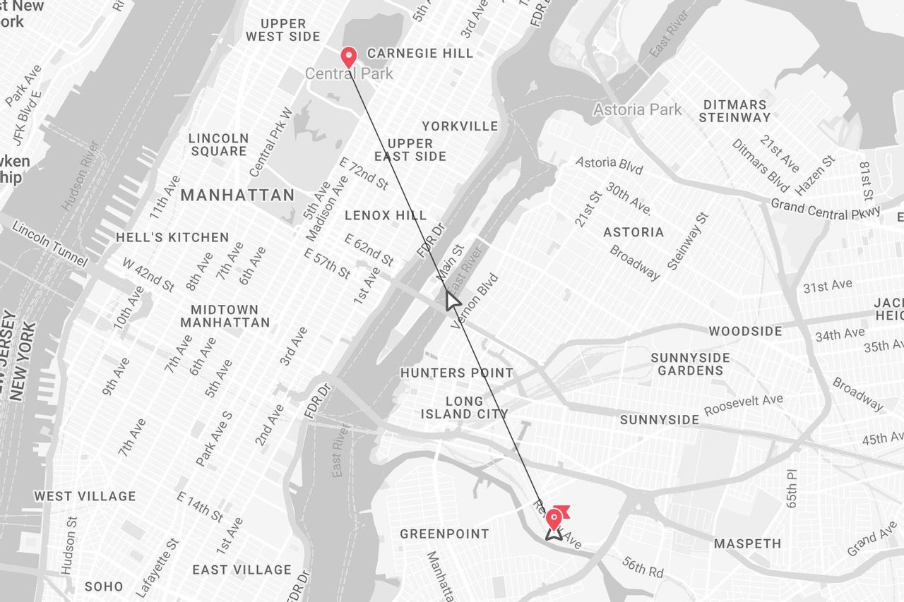 Una mappa di New York City che mostra un percorso con segnaposto che inizia a Manhattan vicino a Central Park e termina nel quartiere di Greenpoint.