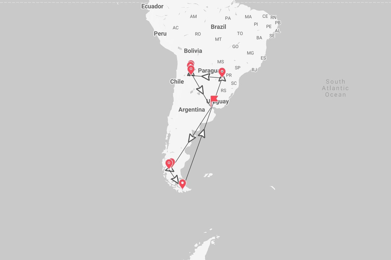 Una mappa del Sud America che mostra un itinerario di viaggio che collega punti in Argentina, Paraguay e Uruguay.