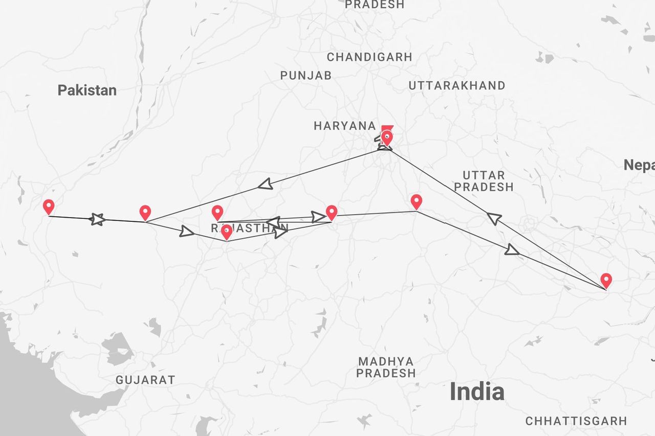 Un mapa del norte de la India que muestra un itinerario de viaje por los estados de Rajastán, Haryana y Uttar Pradesh.