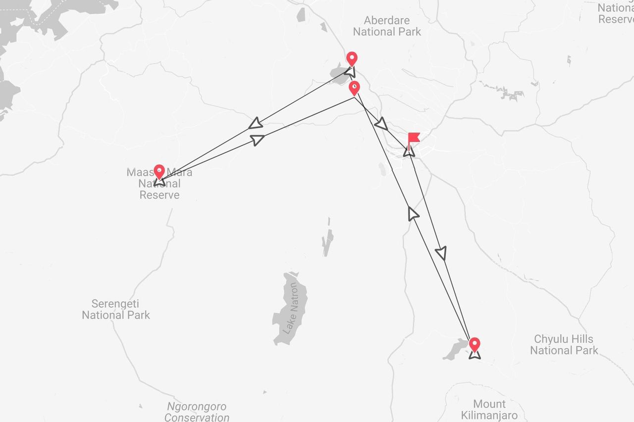 Un mapa que ilustra un itinerario de viaje con paradas en varios parques nacionales de Kenia, como Maasai Mara, Aberdare y Chyulu Hills.
