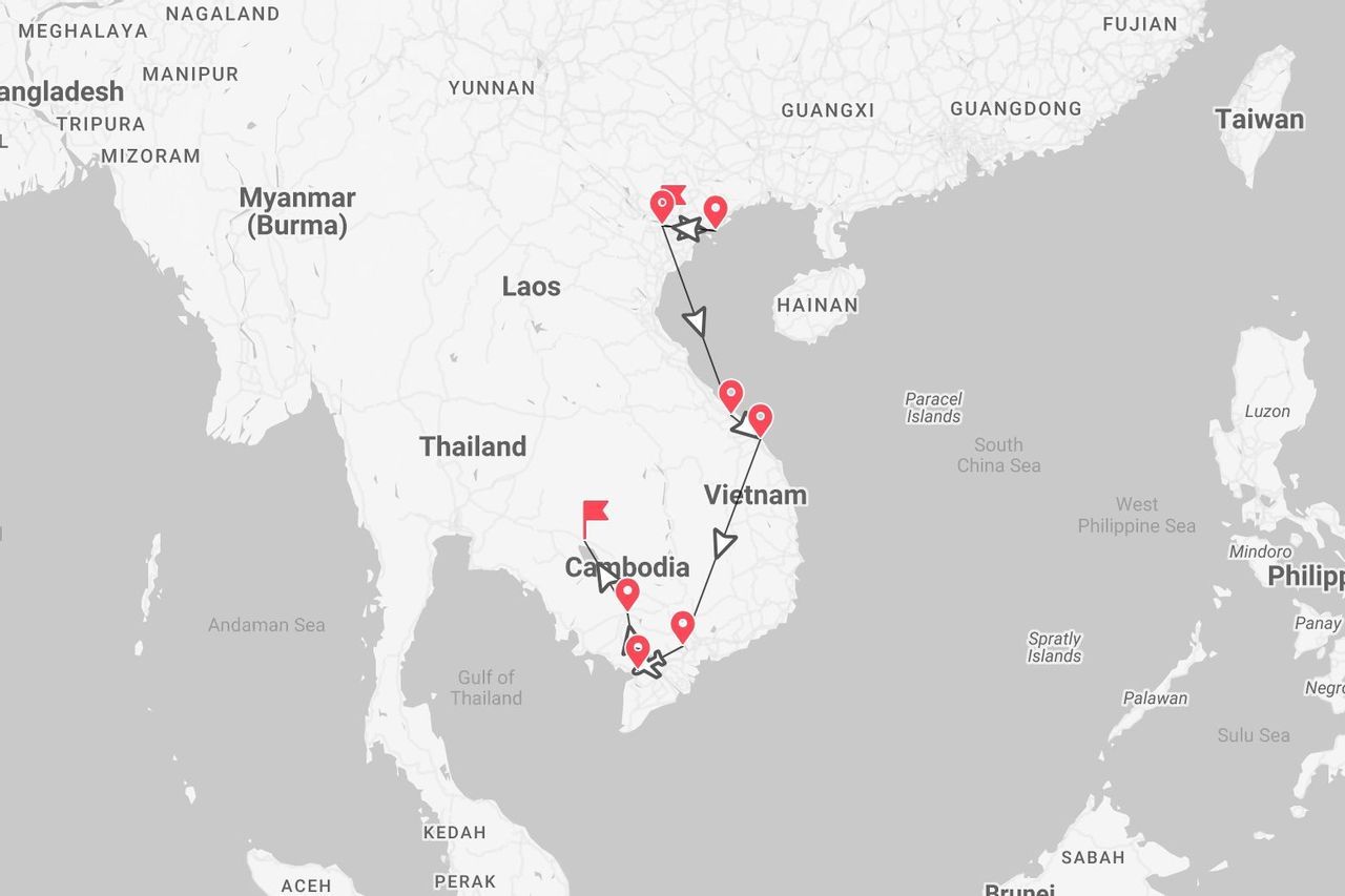 Un mapa del sudeste asiático que muestra un itinerario de viaje que comienza en el norte de Vietnam y termina en el sur de Camboya.