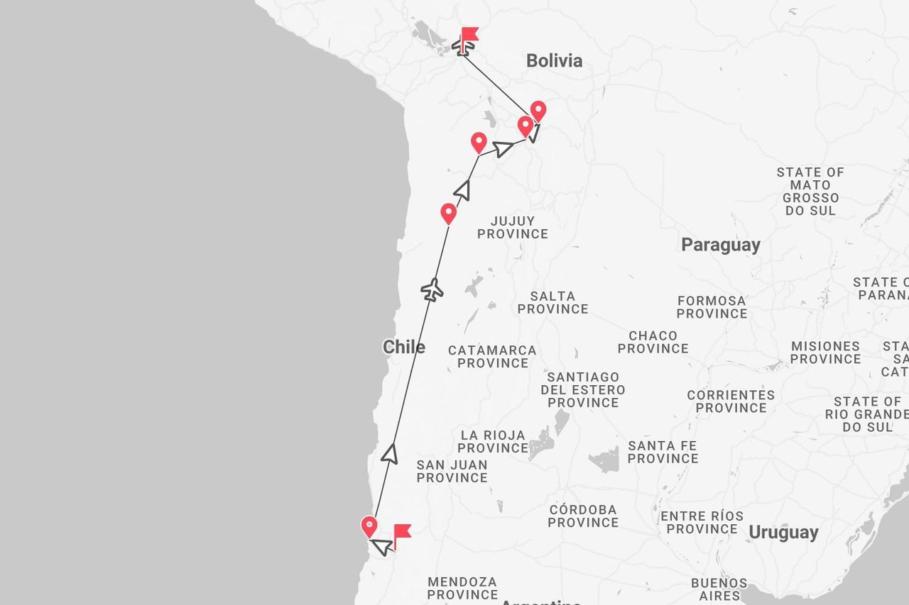 Un mapa de Sudamérica mostrando una ruta de viaje con marcadores de ubicación e iconos de vuelo, comenzando en Chile, pasando por Argentina y terminando en Bolivia.