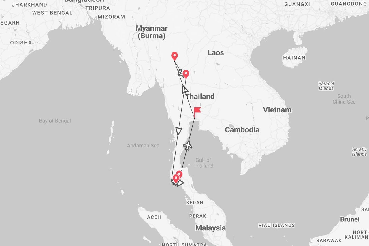 Une carte de l'Asie du Sud-Est montrant un itinéraire de voyage du nord au sud à travers la Thaïlande, marquée de repères et de trajets aériens.
