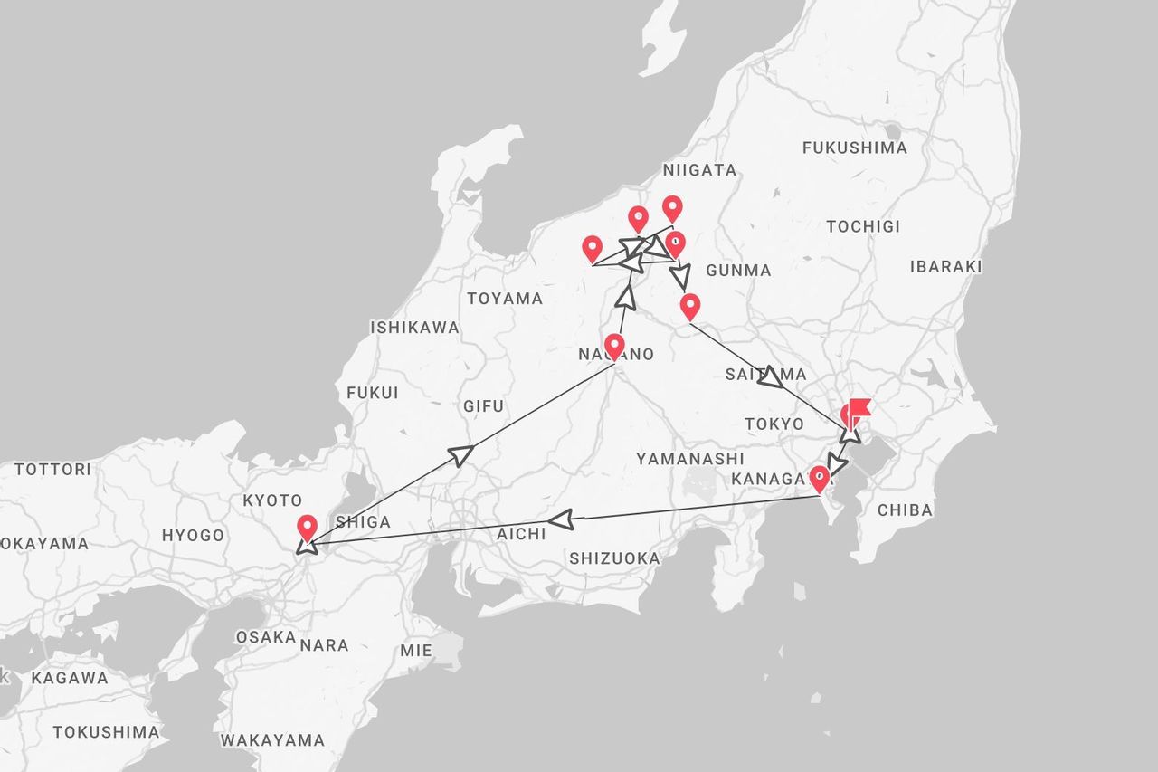 Une carte montrant un itinéraire de voyage à travers le centre du Japon, avec un parcours reliant Tokyo, Nagano et Kyoto.
