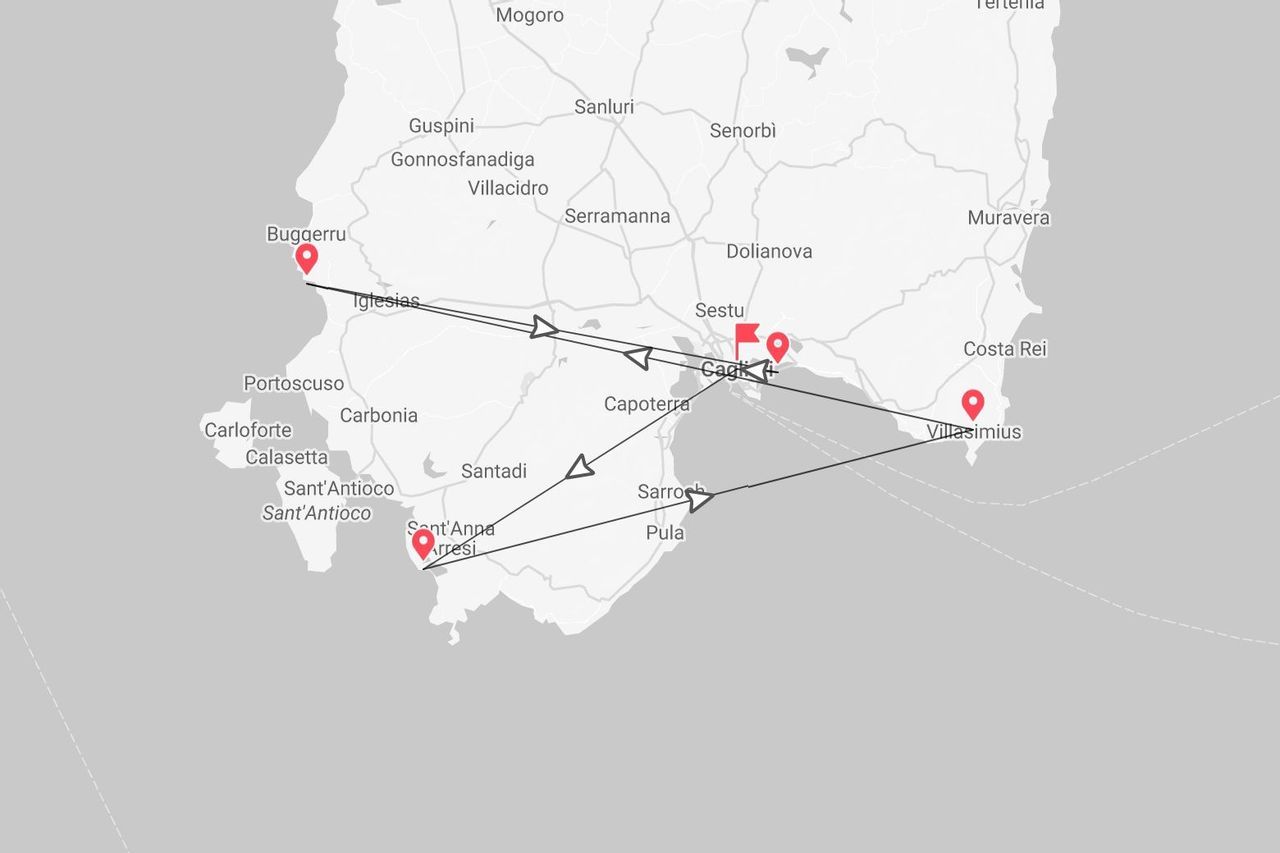 Una mappa della Sardegna meridionale che mostra un itinerario di viaggio con punti a Cagliari, Villasimius, Sant'Anna Arresi e Buggerru.