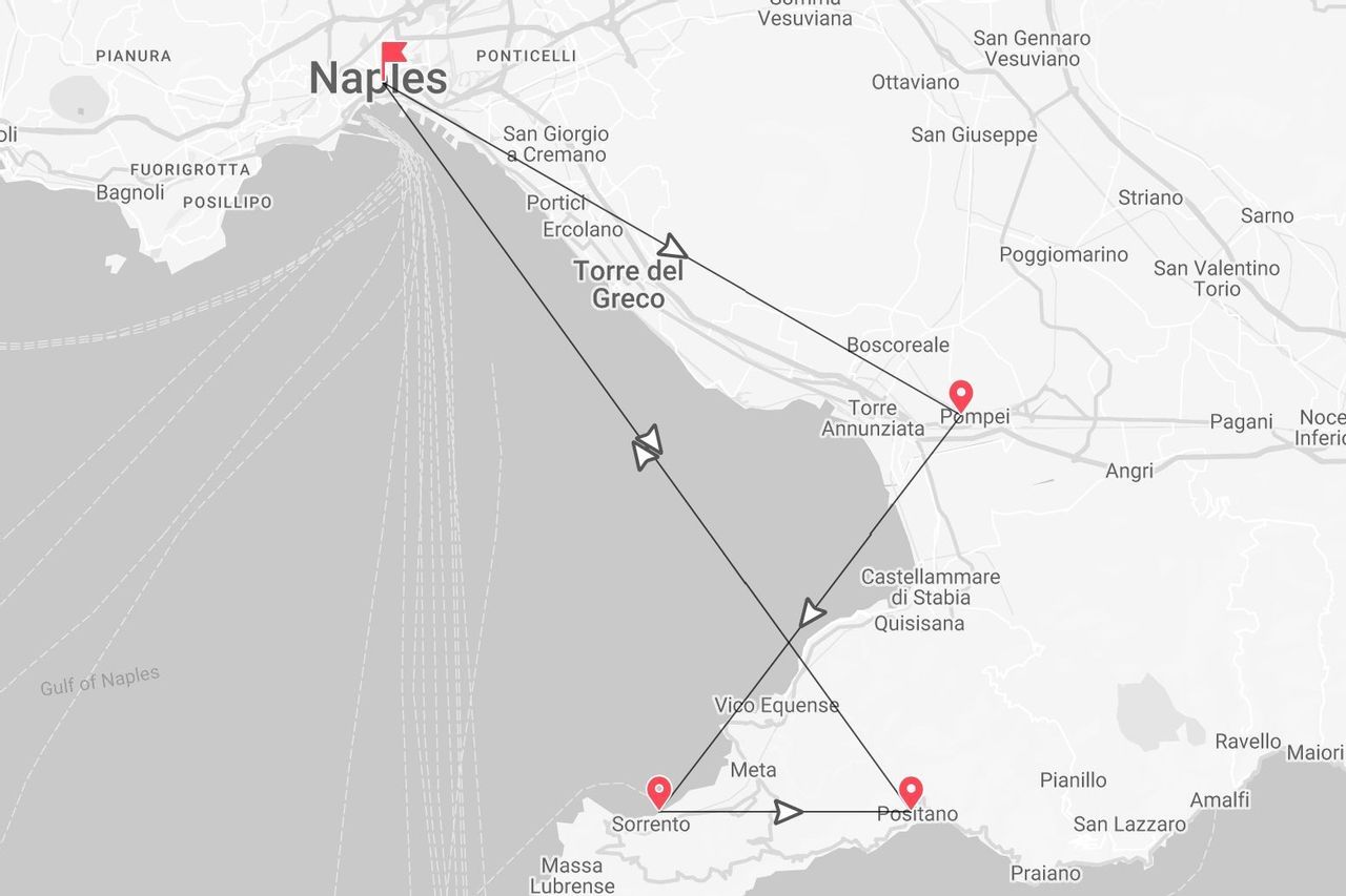 A map showing a travel itinerary with stops in Naples, Pompei, Positano, and Sorrento, tracing a route along the Gulf of Naples.