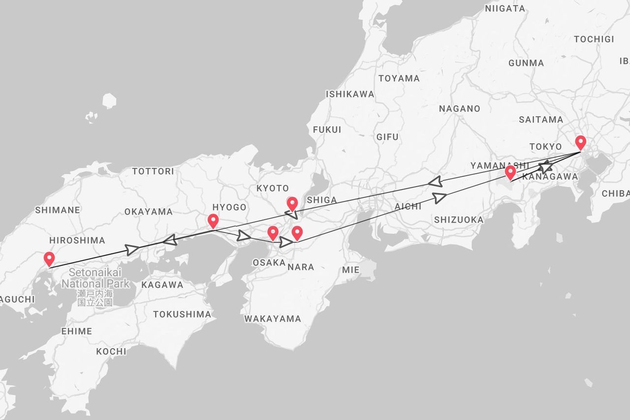 A map of Japan showing a travel route connecting Tokyo, Kyoto, Osaka, and Hiroshima with a black line and red pins.