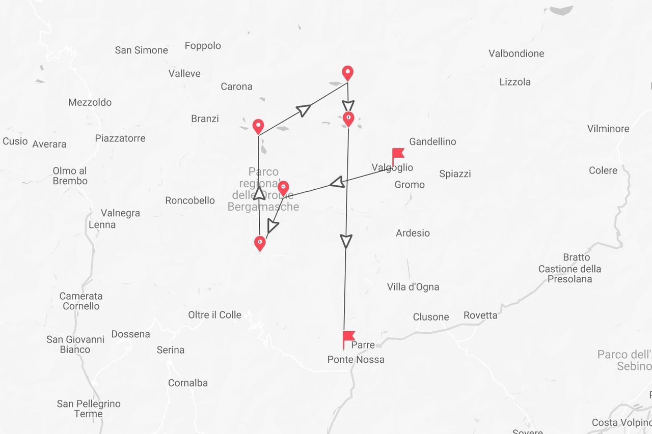 Mappa di un itinerario nel Parco regionale delle Orobie Bergamasche, con tappe vicino a Parre, Valgoglio e Carona, in Italia.