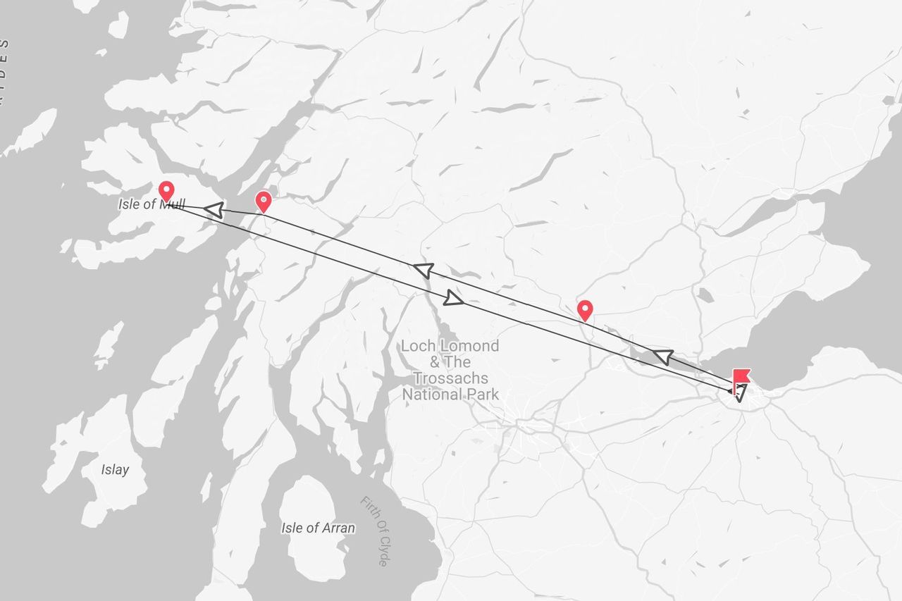 Una mappa della Scozia che mostra un itinerario di viaggio dall'Isola di Mull, passando per il Parco Nazionale di Loch Lomond e The Trossachs.