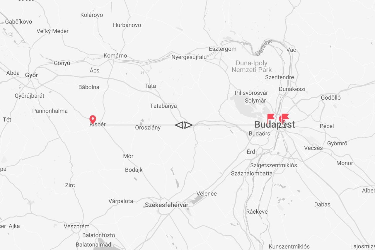 Una mappa che mostra un percorso segnato in nero tra le città ungheresi di Kisbér e Budapest.