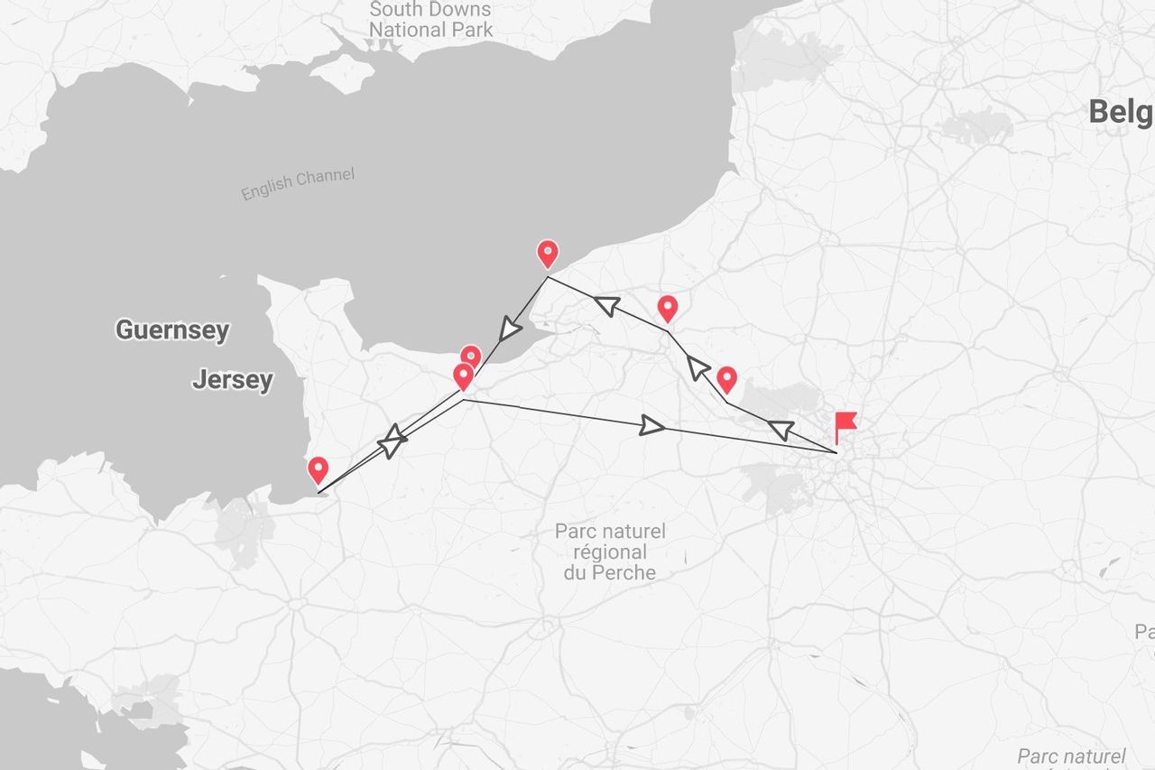 Une carte d'un itinéraire de voyage dans le nord de la France, avec des étapes le long de la côte de la Manche et se terminant près de Paris.
