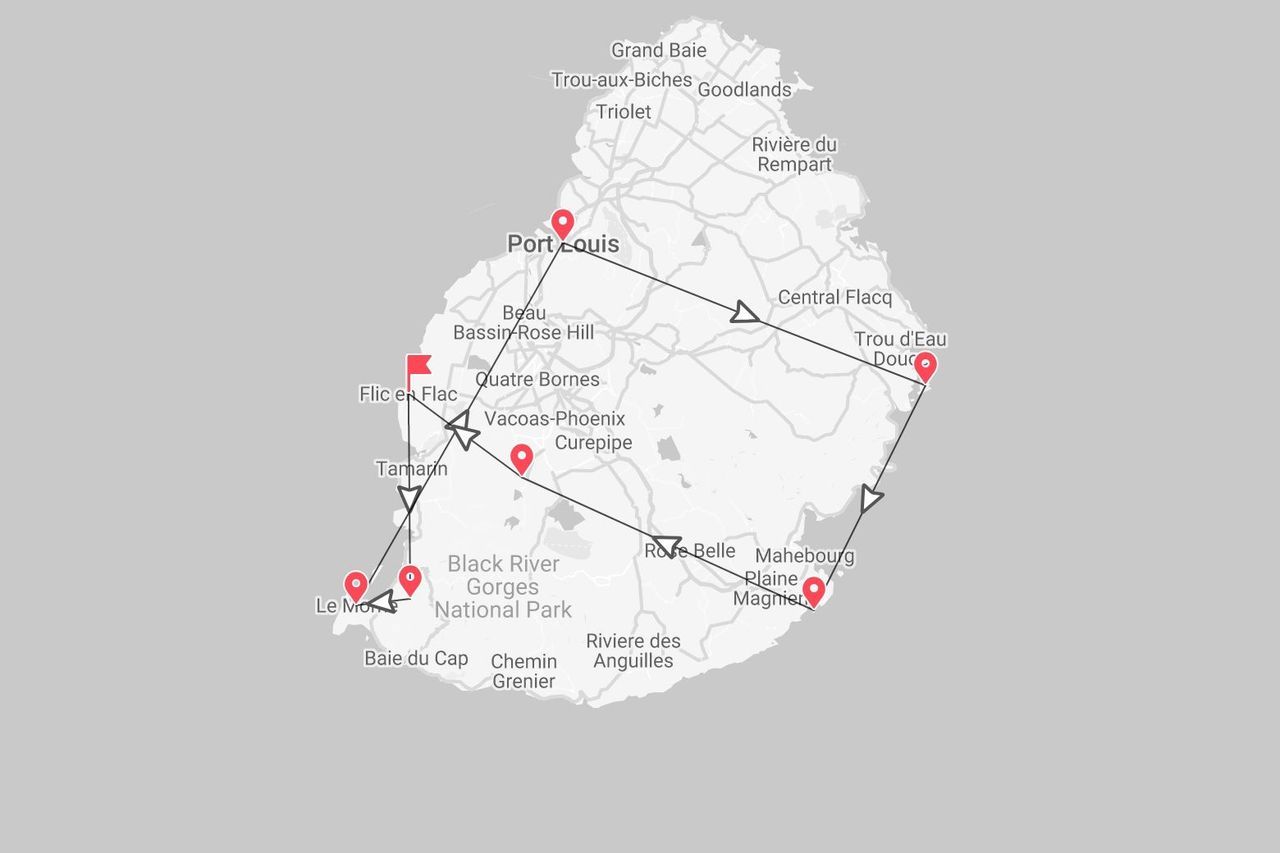 Mappa di Mauritius con itinerario di viaggio che collega Port Louis, Flic en Flac, Trou d'Eau Douce e Le Morne.