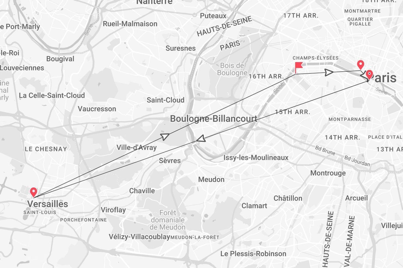 Eine Schwarz-Weiß-Karte mit einer Reiseroute von Versailles nach Paris.