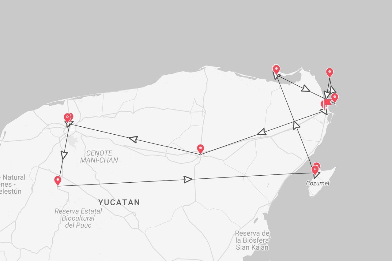 Una mappa stilizzata della penisola dello Yucatán in Messico, che mostra un itinerario di viaggio con più tappe segnate da puntine rosse, inclusa Cozumel.