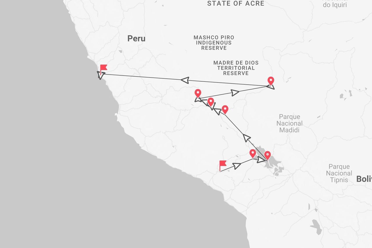 Mappa minimalista di un itinerario di viaggio tra Perù e Bolivia, con fermate vicino alla Riserva Madre de Dios e al Parco Nazionale Madidi.