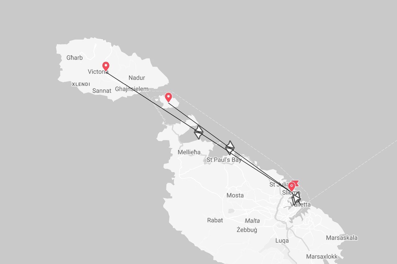 Une carte de Malte montrant un itinéraire de voyage de Victoria sur l'île de Gozo à Sliema, en passant par la Baie de Saint-Paul.
