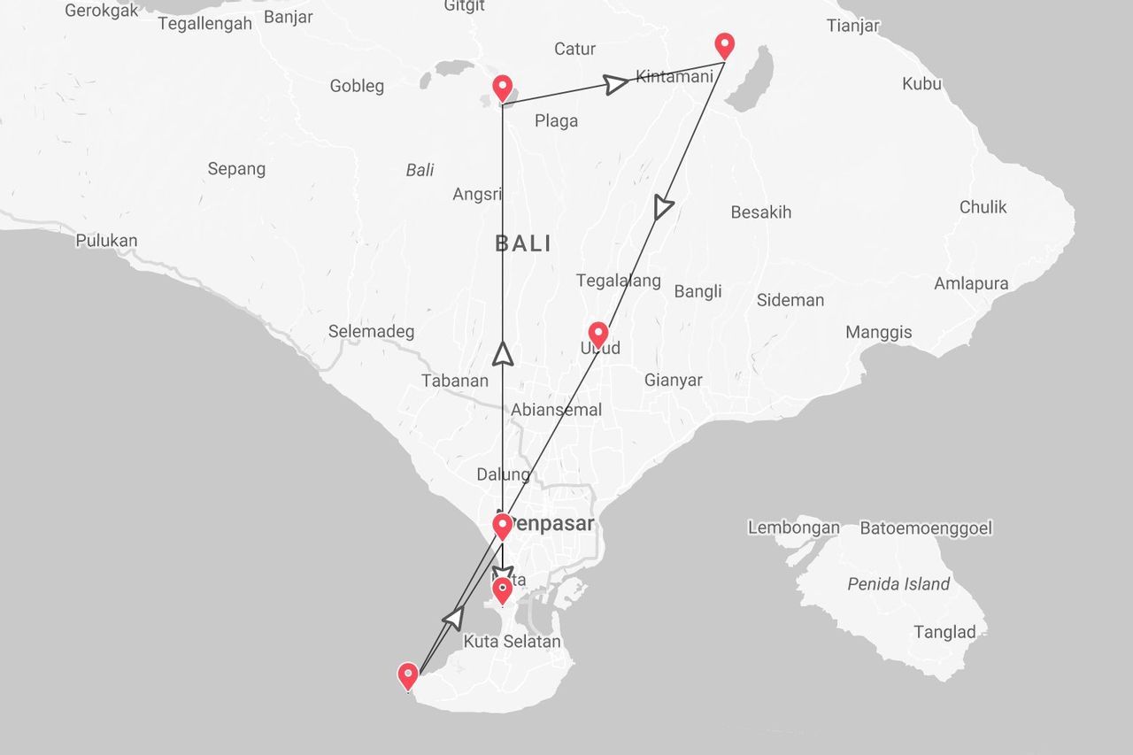 A map of the island of Bali displaying a travel route with stops marked at Denpasar, Ubud, and Kintamani.