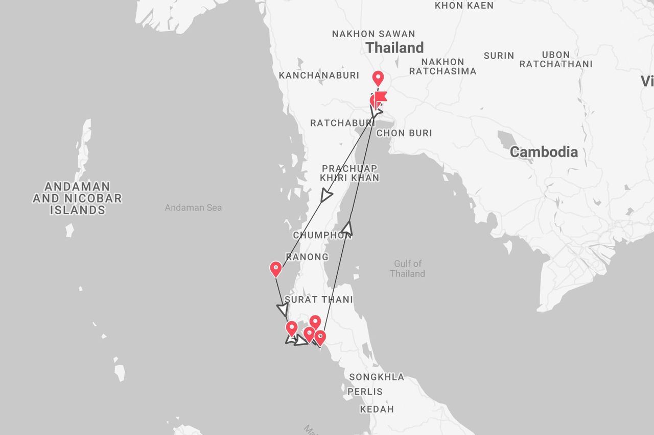 Un mapa de Tailandia mostrando un itinerario de viaje desde Kanchanaburi hacia el sur a través de Chumphon y Ranong hasta la zona de Surat Thani.