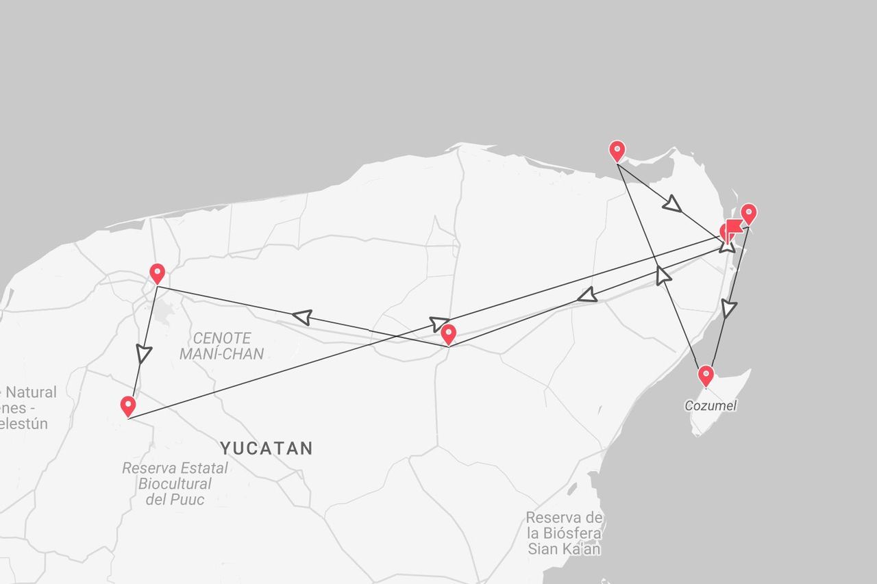 A travel route map of the Yucatan peninsula, showing stops near Cozumel and Cenote Maní-Chan.
