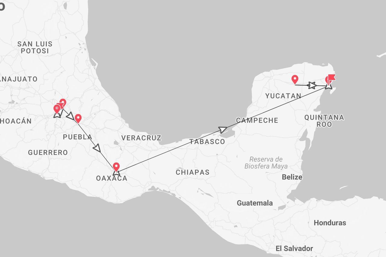 A map showing a travel itinerary through southern Mexico, including Puebla, Oaxaca, Tabasco, Yucatan, and Quintana Roo.