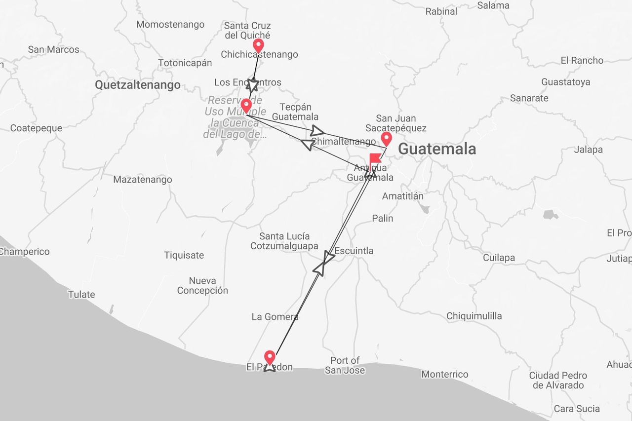 Mappa del Guatemala che mostra un itinerario di viaggio che collega Antigua, Chichicastenango e la città costiera di El Paredón.