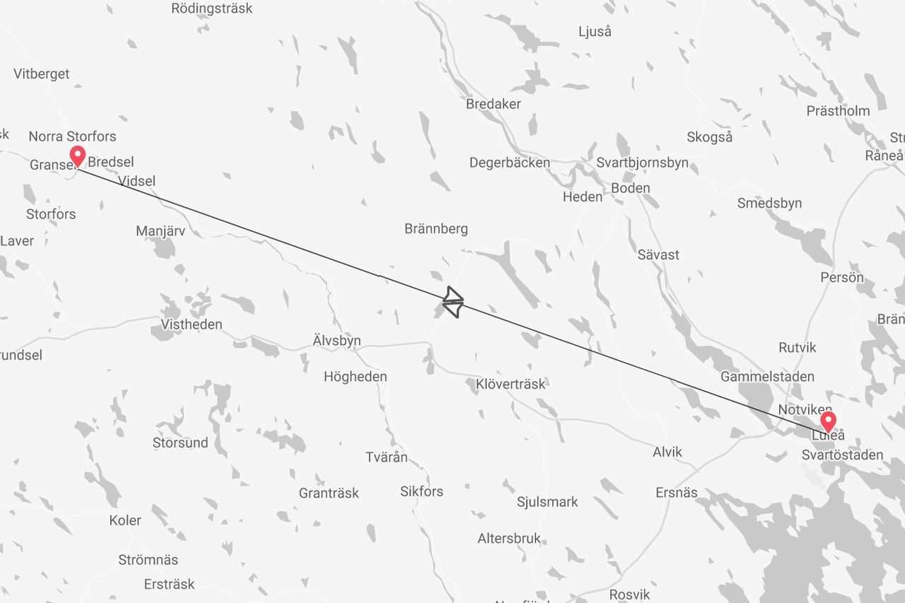 Une carte montrant un itinéraire de vol entre Bredsel et Luleå dans le nord de la Suède.