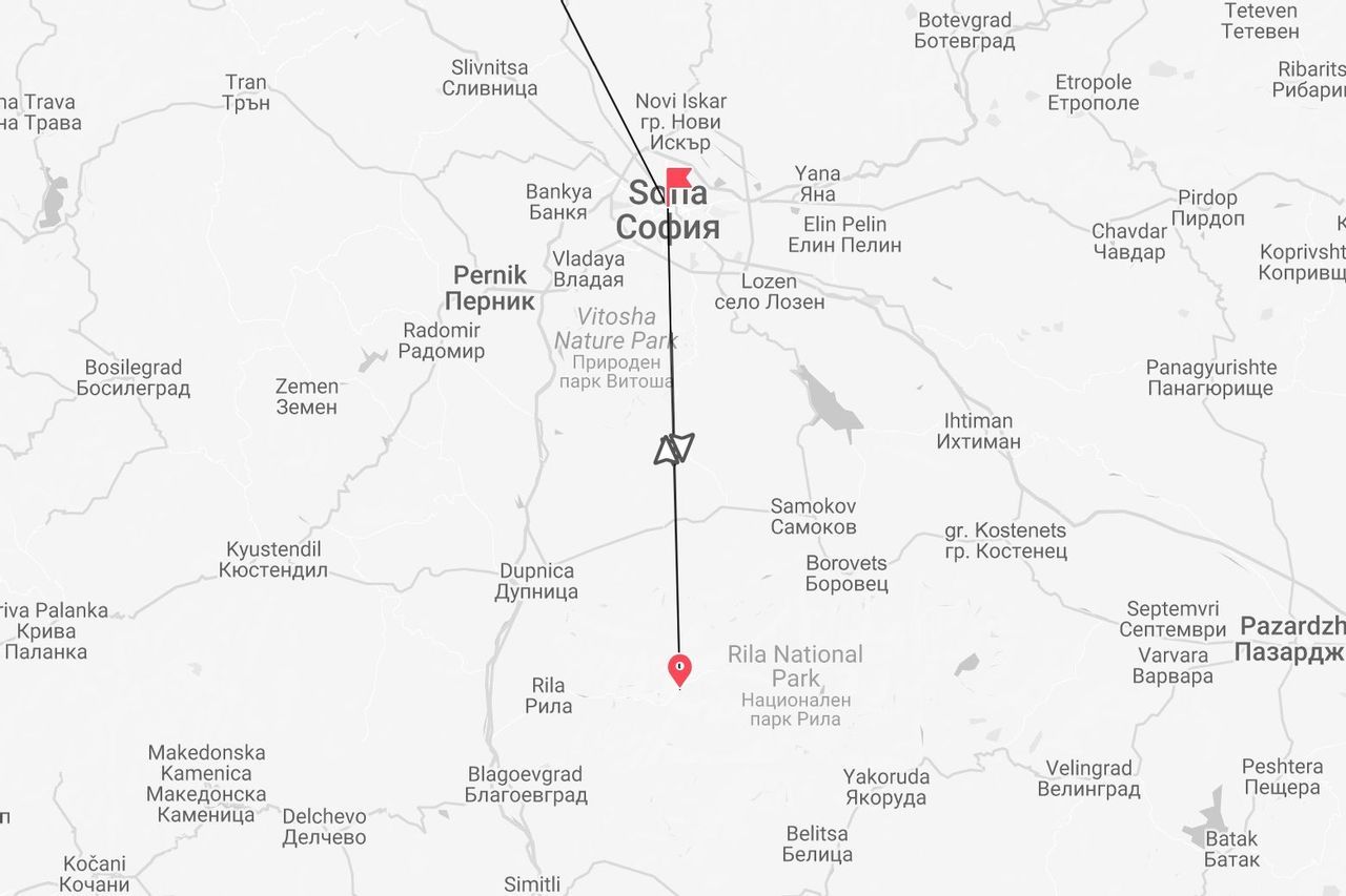 Mappa della Bulgaria con un itinerario di viaggio da Sofia verso sud, fino al Parco Nazionale di Rila.
