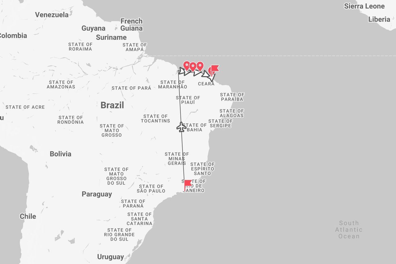 Una mappa del Brasile che mostra un itinerario di viaggio con partenza da Rio de Janeiro, con un percorso attraverso gli stati di Maranhão e Ceará.