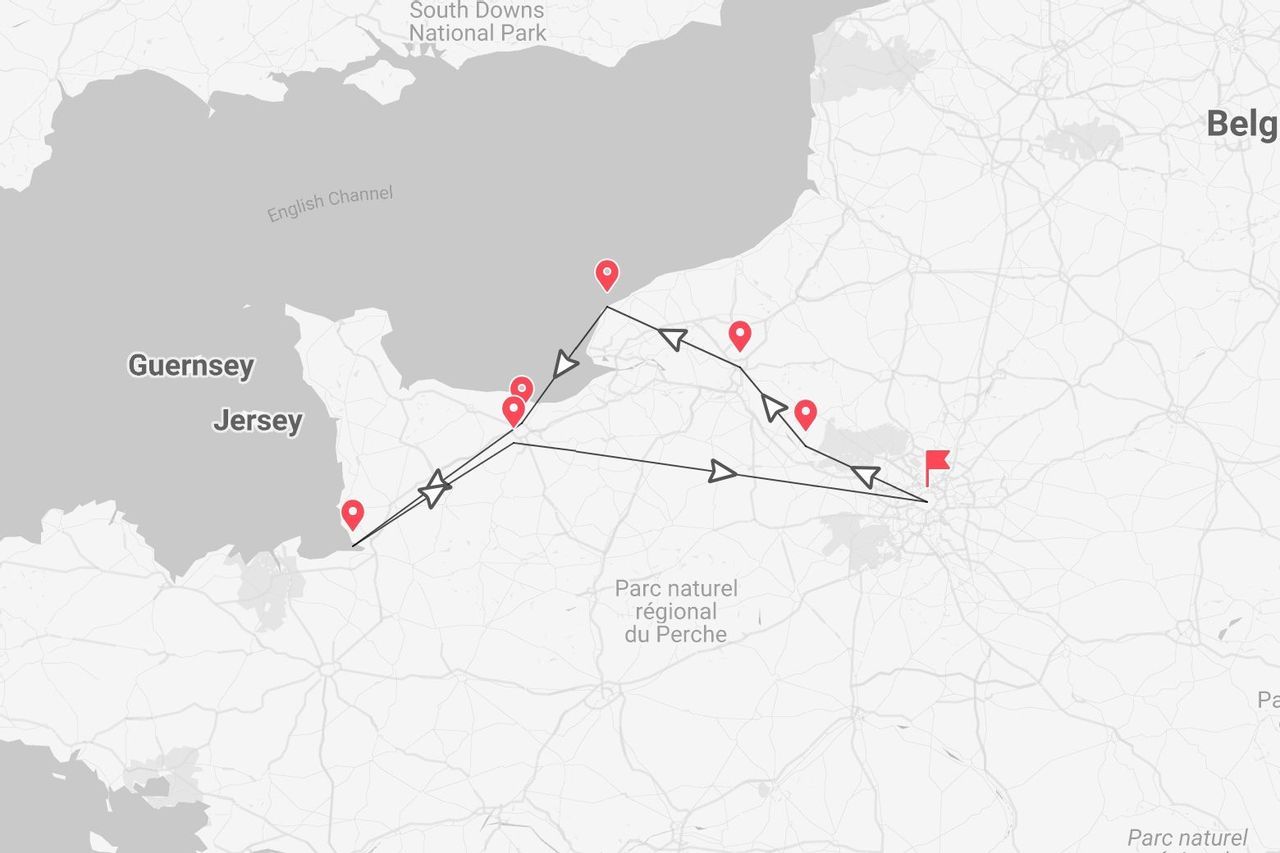 A map of northern France showing a travel itinerary with red pins marking stops along a route from the coast of the English Channel inland.