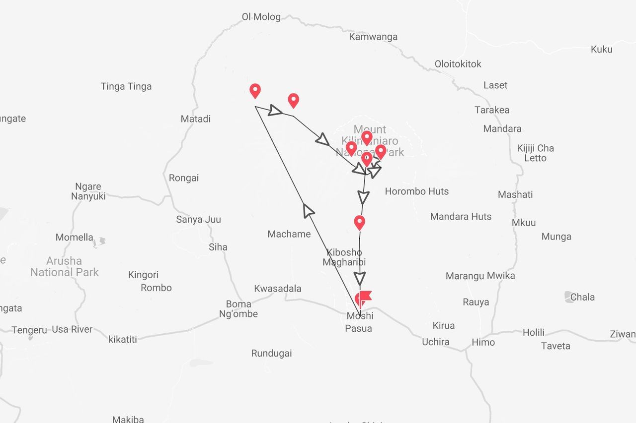 Mappa di un itinerario di viaggio attorno al Parco Nazionale del Monte Kilimanjaro in Tanzania, con partenza dalla città di Moshi.