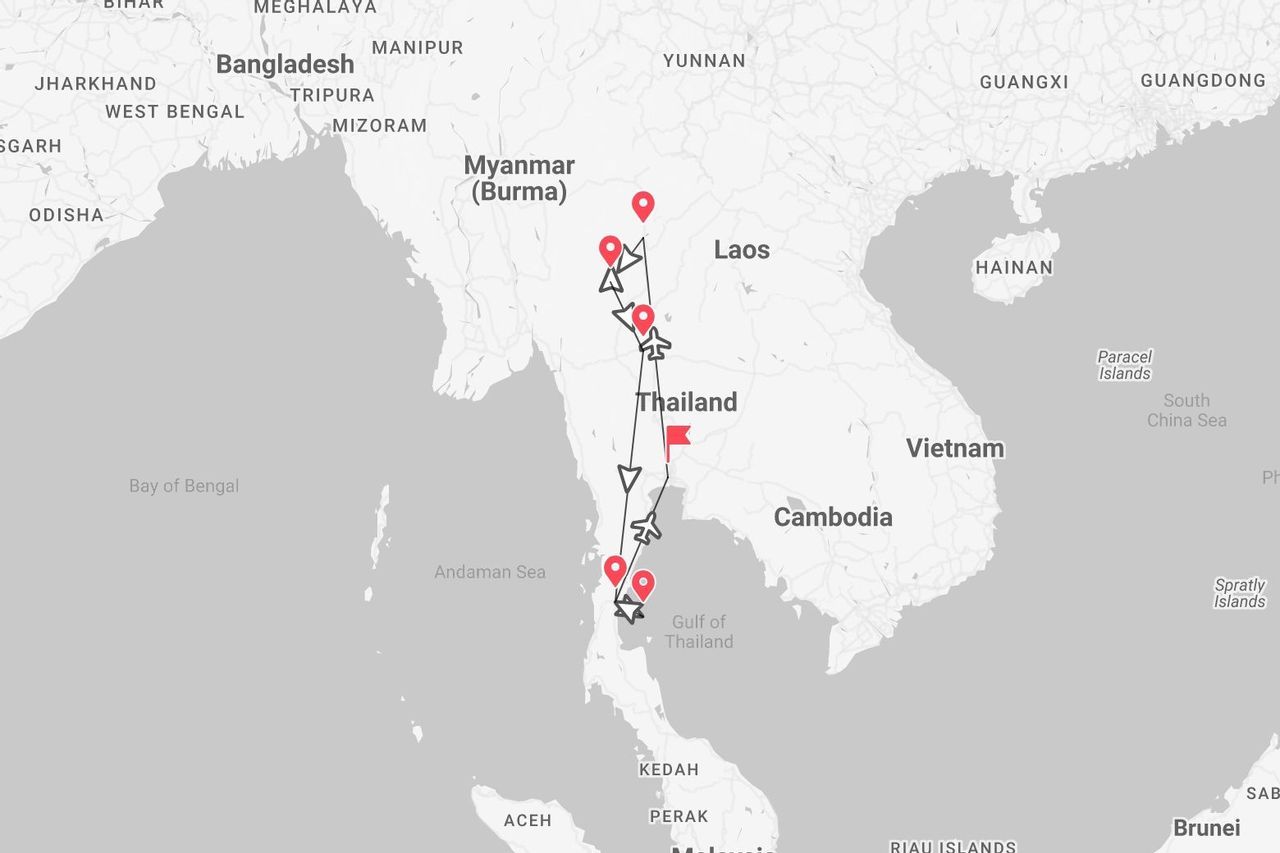 A map of Southeast Asia showing a tour itinerary through Thailand, from the border with Myanmar and Laos down to the south.